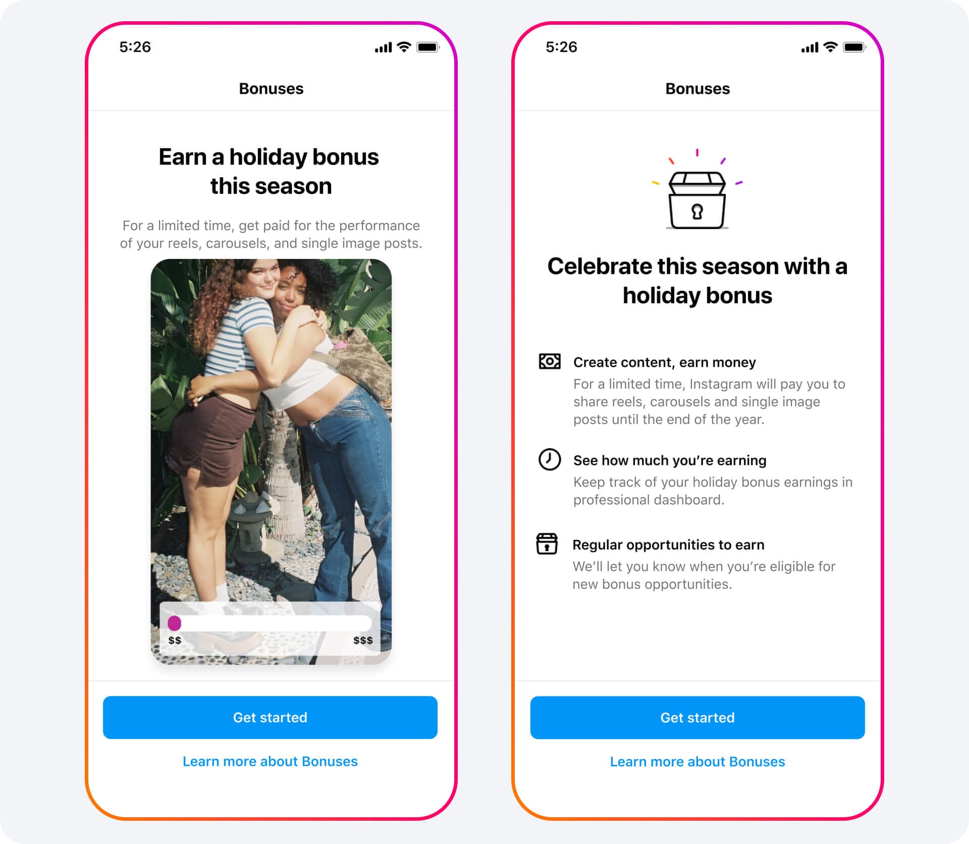 Screenshots of how Instagram Bonuses work