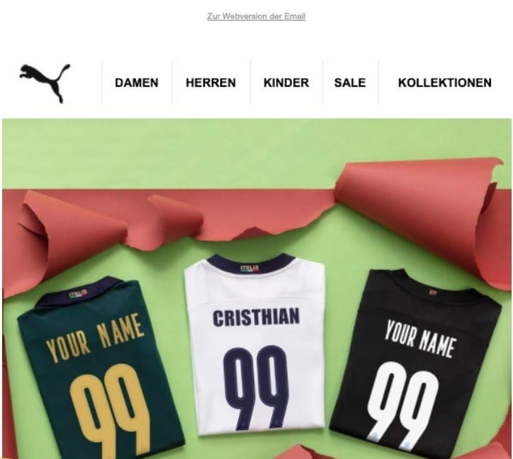Puma brand email with sports jerseys with custom names on the back